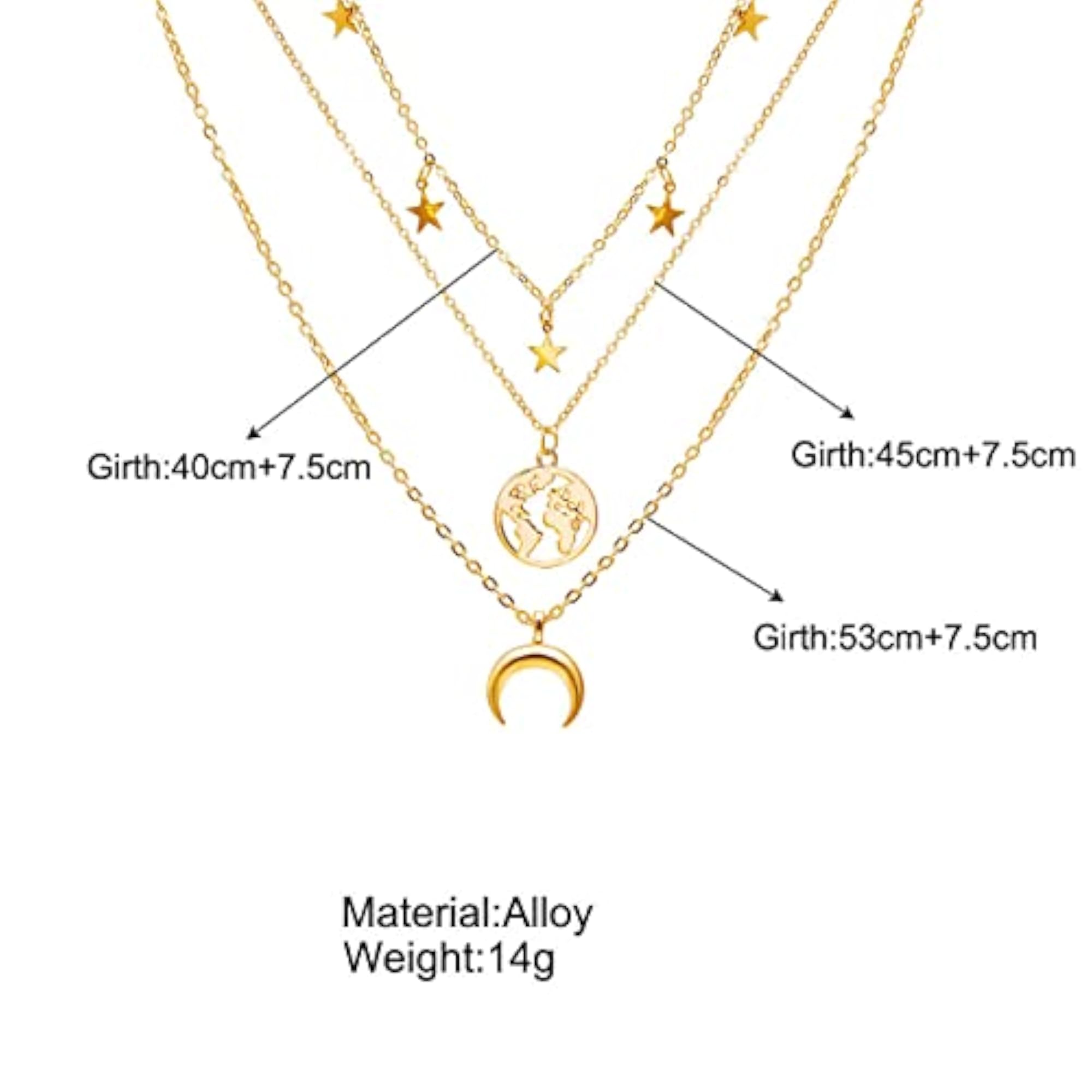 Glamorous Plated Triple Layered Moon Star Necklace